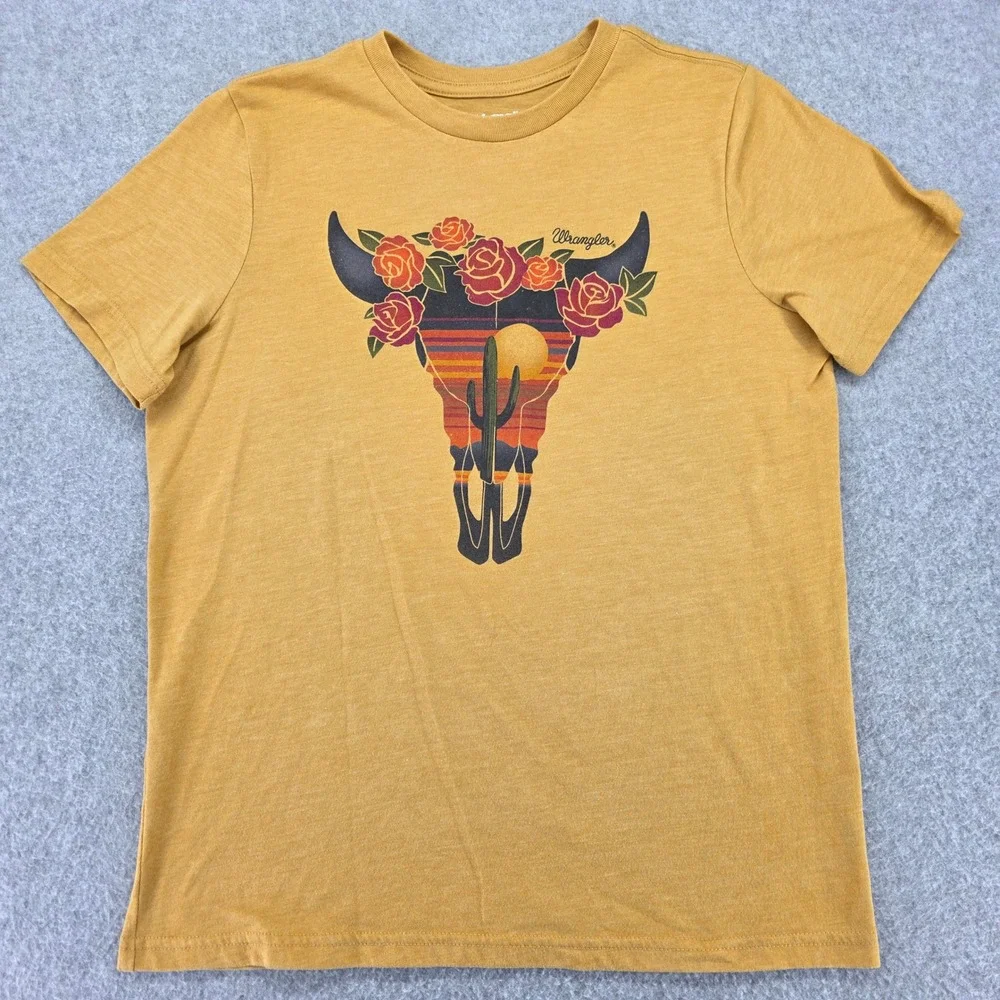 Wrangler Women's Size Small Mustard‎ Yellow Skull Cactus Rose Graphic T Shirt - Picture 2 of 10